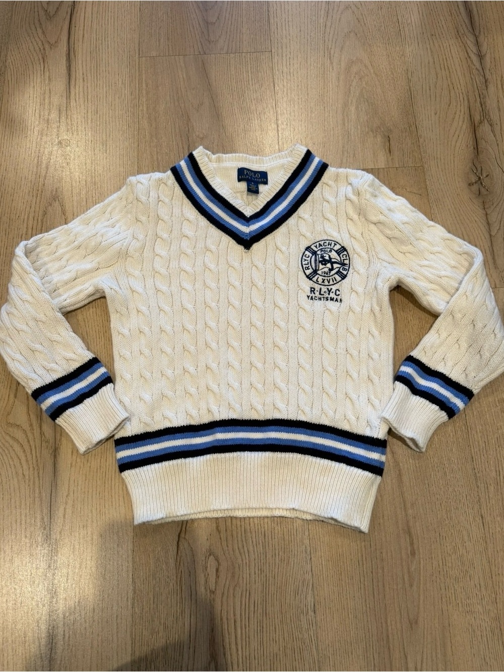 Ralph Lauren Sweater Boys Size 6 White Cable Knit Yacht Club RLYC Cricket